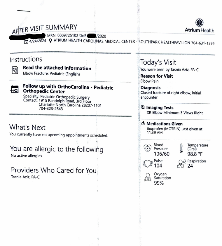 Medical records showing fractured elbow diagnosis